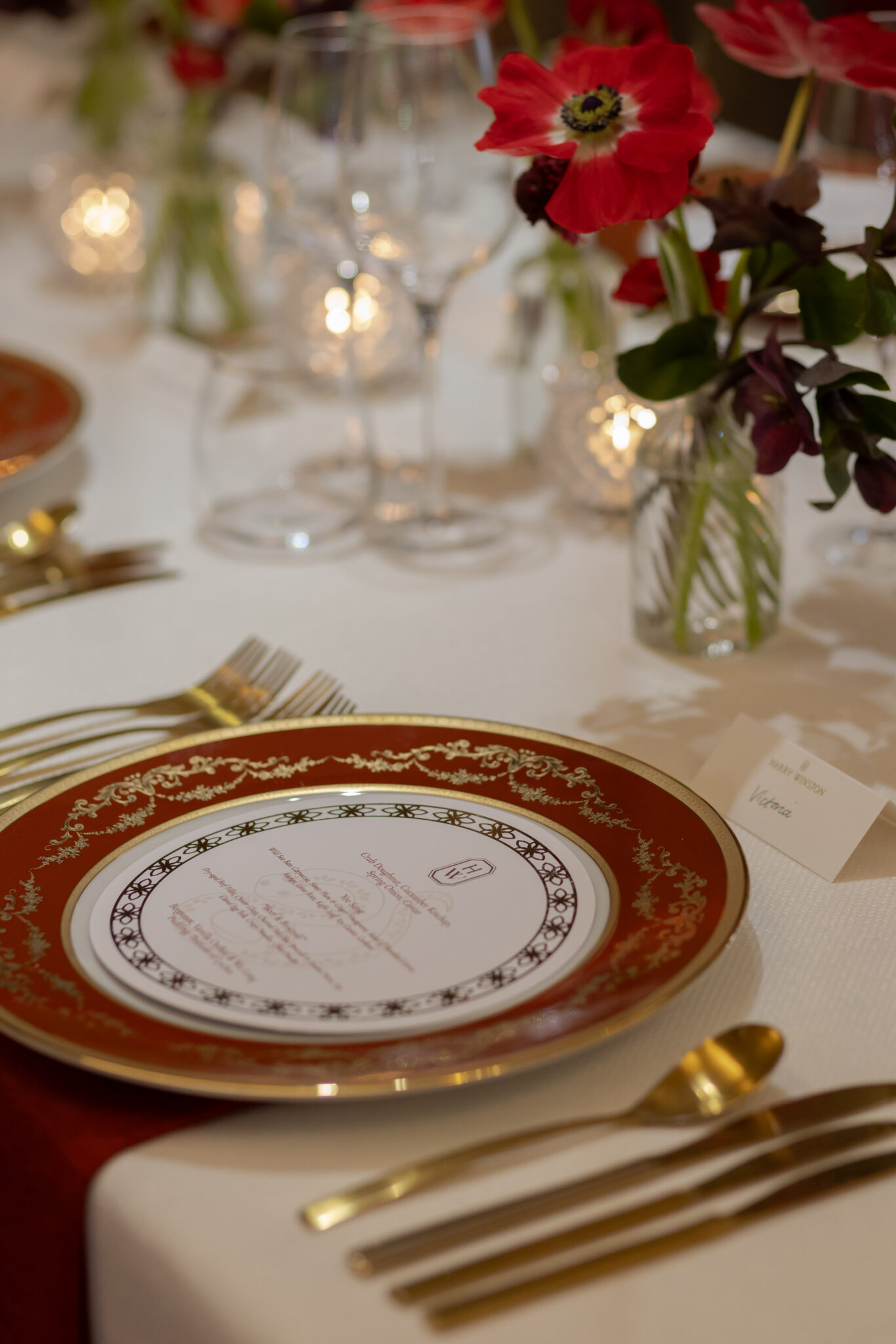 round white menu card on red and white plates