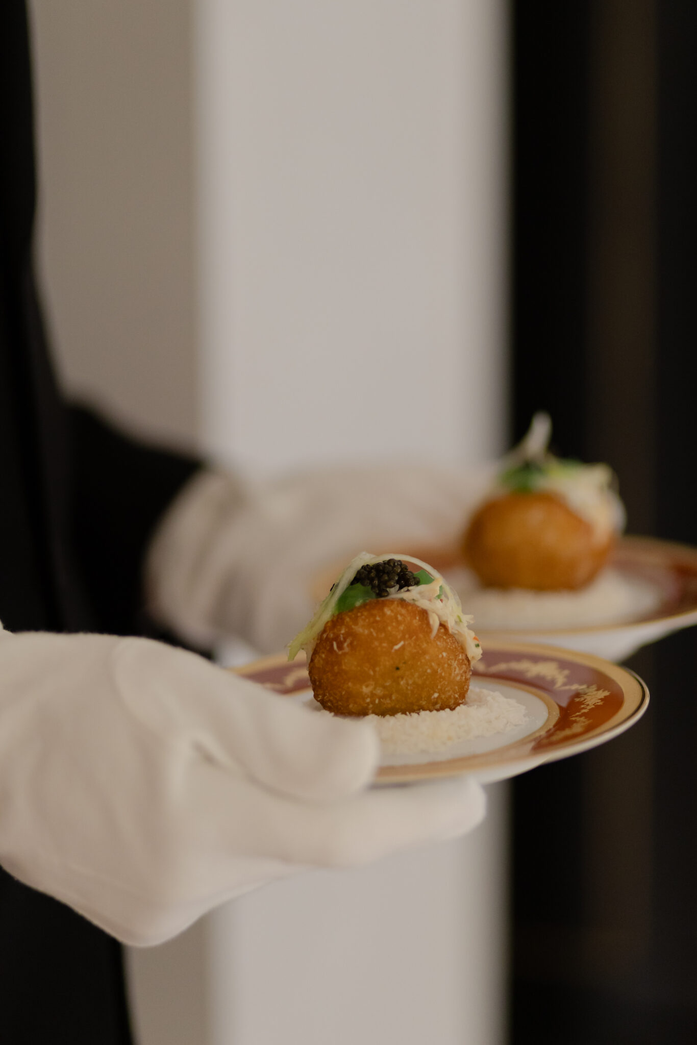 waiters hands with white gloves holding two plates with food