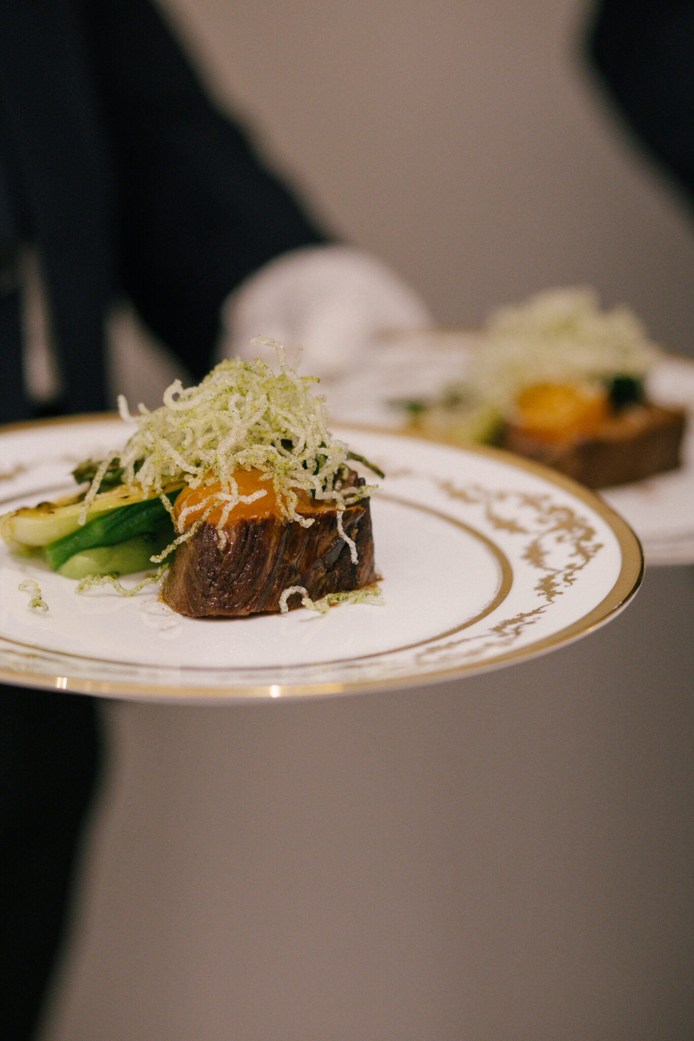 waiters hands with white gloves holding two white plates with beef dish
